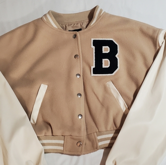 Love Tree Jackets & Blazers - Tan and Cream Varsity Jacket with Letter B. SZ L